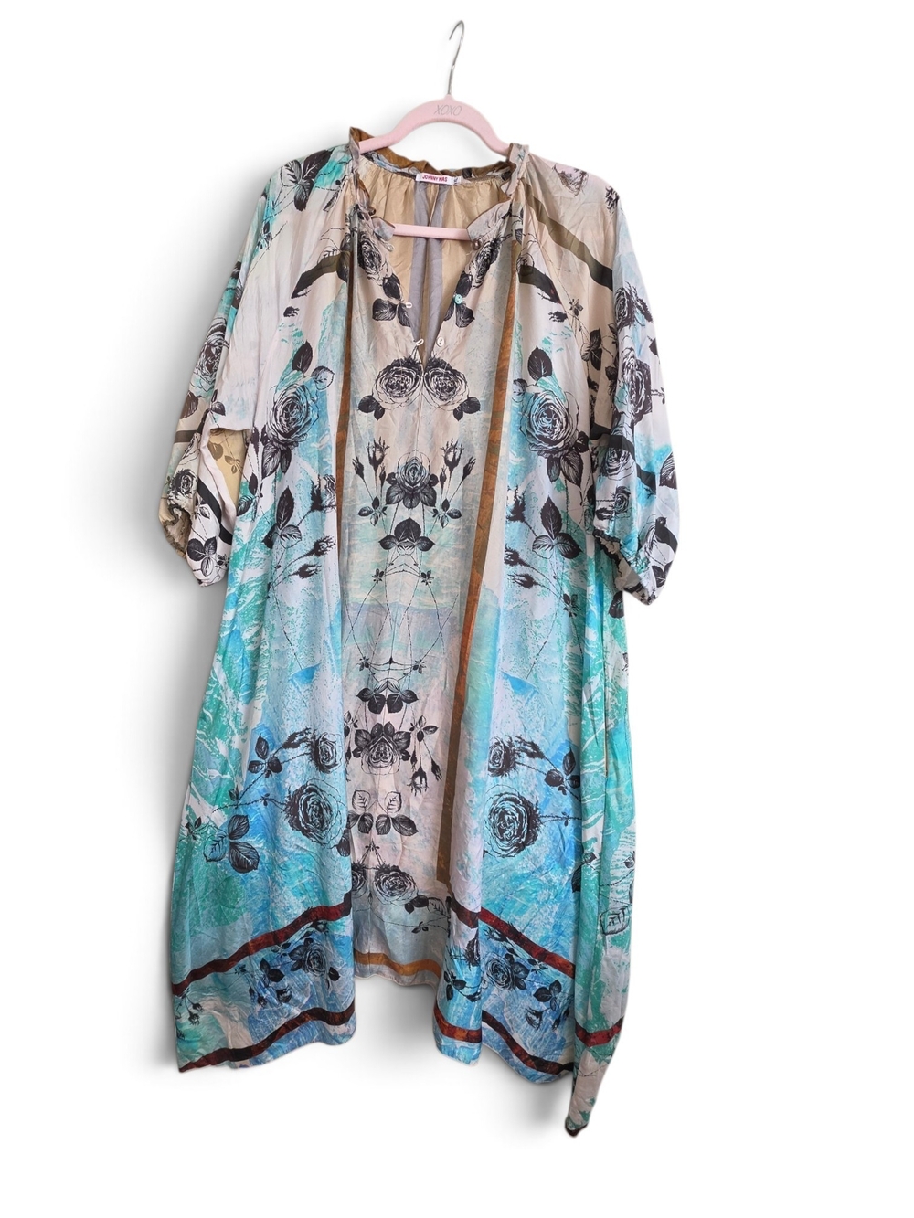Johnny Was Aqua Turquoise and Cream Floral Midi Dress